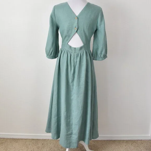 Linen Handmade Studio Open Back Madeleine Midi Dress Teal - 6 - Picture 6 of 11